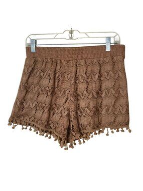 Poof Womens L Crochet Lace Shorts Brown Pom-Pom Boho Festive Casual Summer Chic
